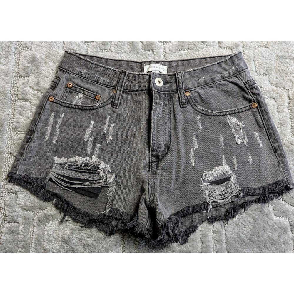 Dance Marvel Cut Off Jean Shorts Womens SMALL Button Fly Distressed Black Denim